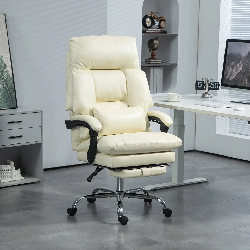 HOMCOM Overstuffed Office Chair, Reclining Computer Chair, Cream White