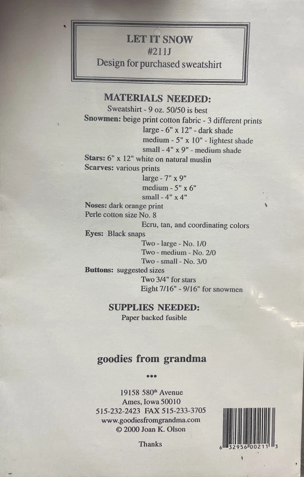 Let it Snow Sweatshirt Applique Pattern by Goodies from Grandma 211J UNCUT - Image 2 of 2