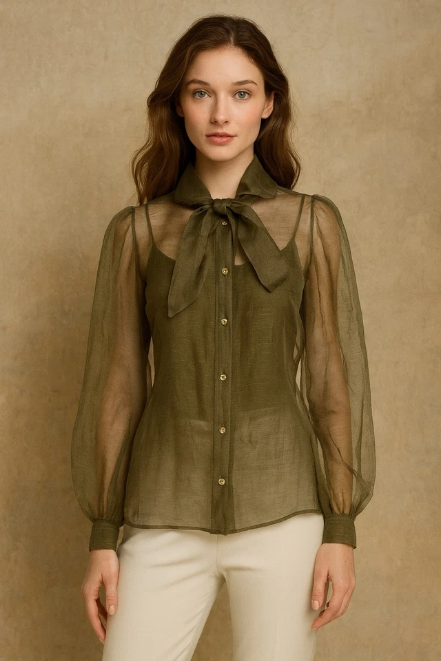 Blusa sin mangas Ralph Lauren etiqueta púrpura con botones 2 lino seda cuello atado nueva con etiquetas Foto 2 de 4