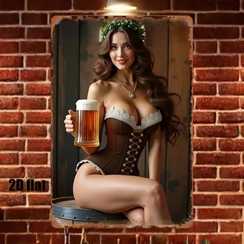Vintage German Beer Girl Wall Art Tin Metal Signs Home Décor 8x12 Inch Brewery