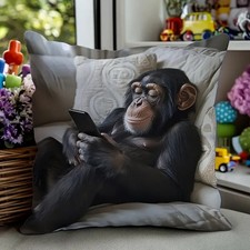  Cute Chimpanzee Holding Tablet Pillow Cover 45cm x 45cm.  Zip Closure