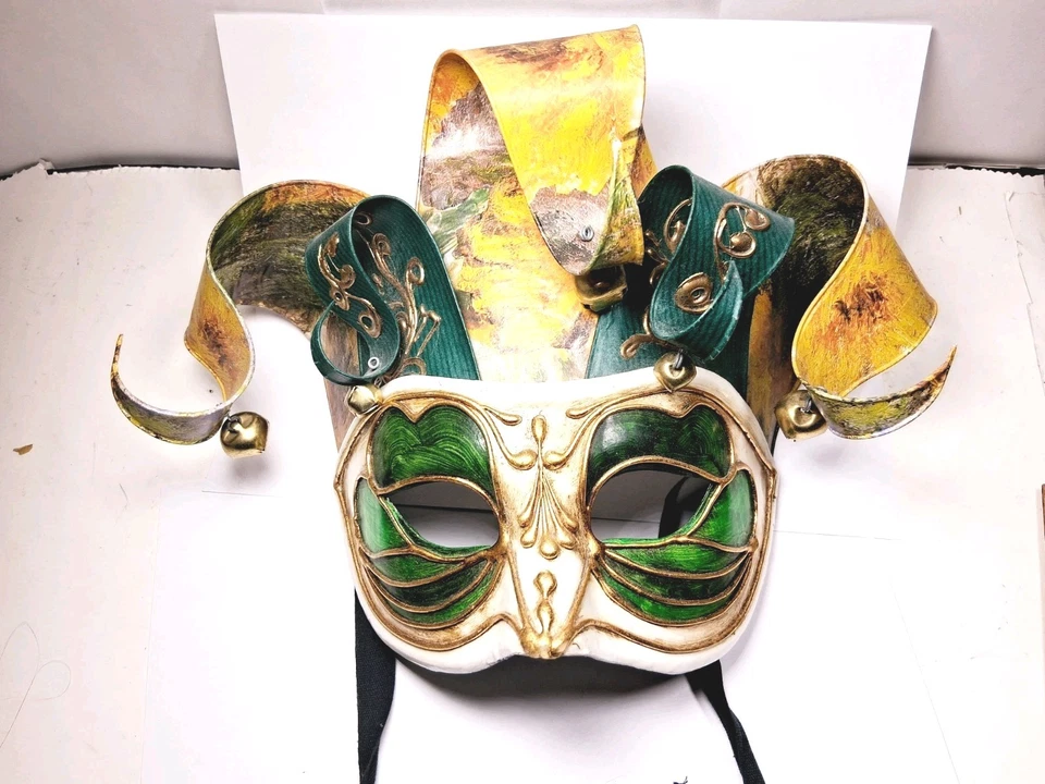 Venetian Carnival Mask Masquerade Italy Beak Green Yellow Black Gold Vintage - Image 3 of 4
