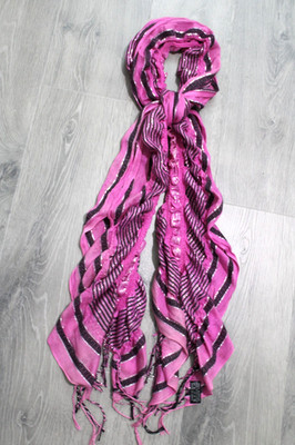 Rectangle Ruffled Accent Scarf Black Pink Silver Stripes Shabby Chic 74x12''