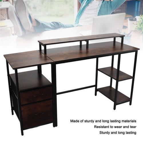 Vintage Industrial Computer Desk with Drawers & Raised Shelf Spacious Workspace - Picture 4 of 18