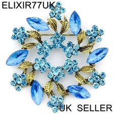 LARGE BLUE DIAMANTE CRYSTAL VINTAGE FLOWER BROOCH PINS BOUQUET ANTIQUE GOLD LOT