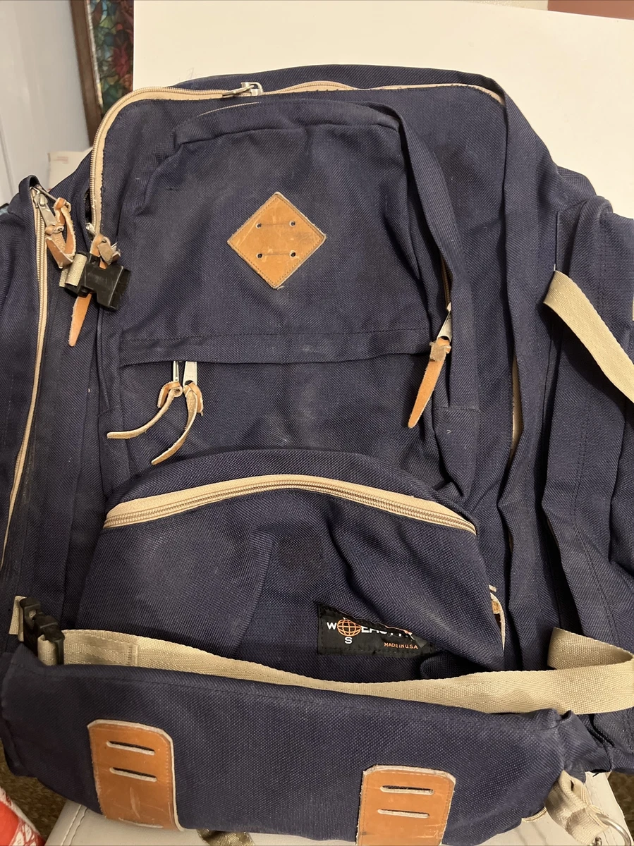 Vintage Eastpak blue Backpack Hiking School Bag Leather trim made in the USA