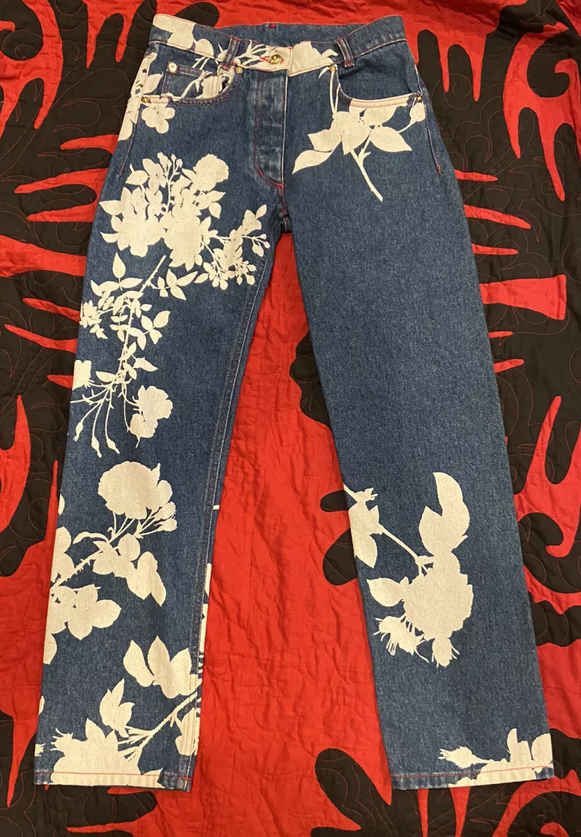 Vivienne Westwood blue denim pants with bleached floral print, ss
