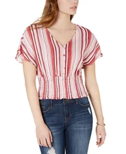 Crave Fame Women's Juniors' Batwing-Sleeve Crop Top (Large, Red Multi)