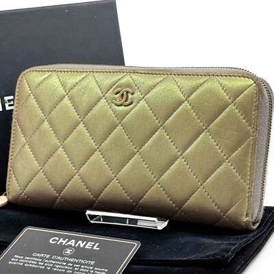 CHANEL Matelasse CoCo Logo Lambskin Zip Around Long Wallet Gold Authentic