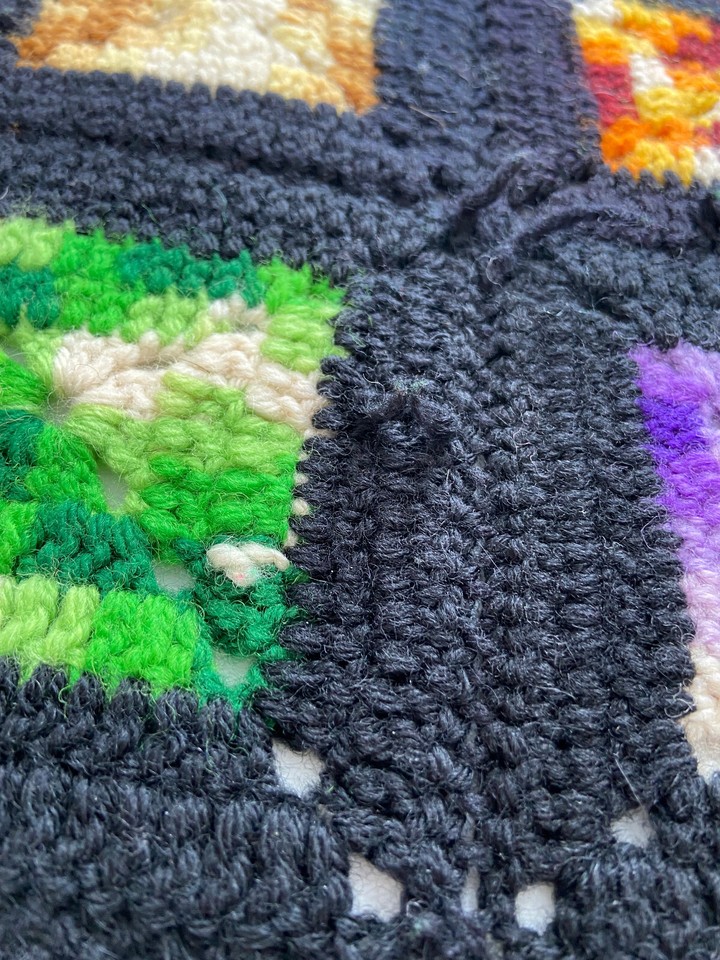 Vtg Handmade Crochet Afghan Couch Throw Granny Square Black Multi Color