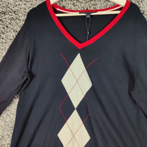 TOMMYH HILFIGER Pullover Sweater Womens SZ 1X Argyle V-Neck Preppy Academia NEW - Picture 3 of 9