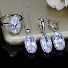 Silver Plated CZ Pendant Necklace Earrings Ring Women Zircon Crystal Jewelry Set