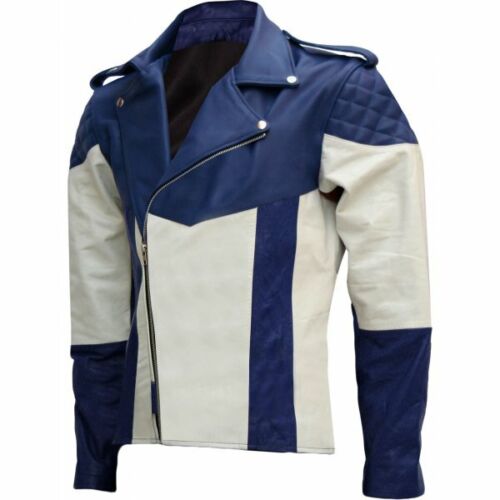 Men's Jacket Leather Genuine Lambskin Blue & White Biker Leather Jacket - Afbeelding 1 van 6