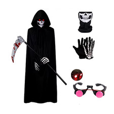 Kids Grim Reaper Costume   Halloween Outfit with Glowing Red Eyes, Gloves  Mask