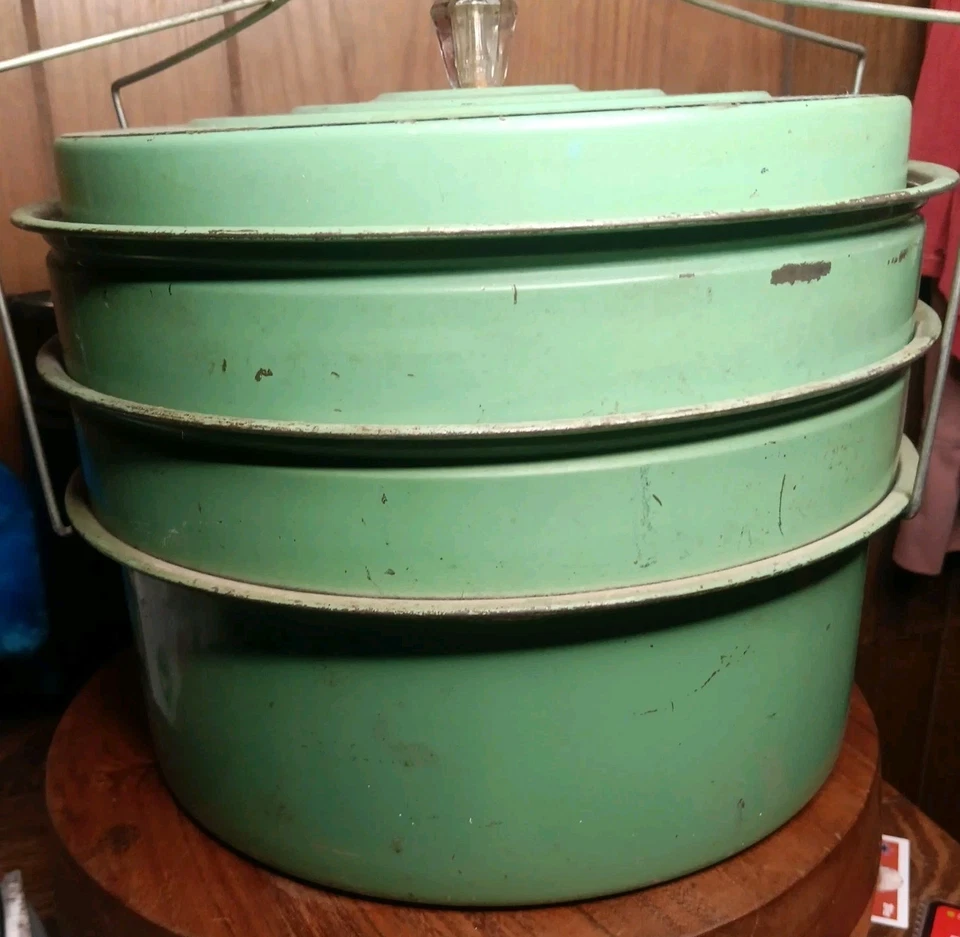 Juego completo de 3 niveles porta pasteles de metal floral Carlton verde vintage de los años 50 Foto 3 de 4