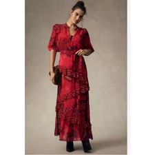 Anthropologie Farm Rio Short-Sleeve Printed Ruffled Midi Dress Small NEW