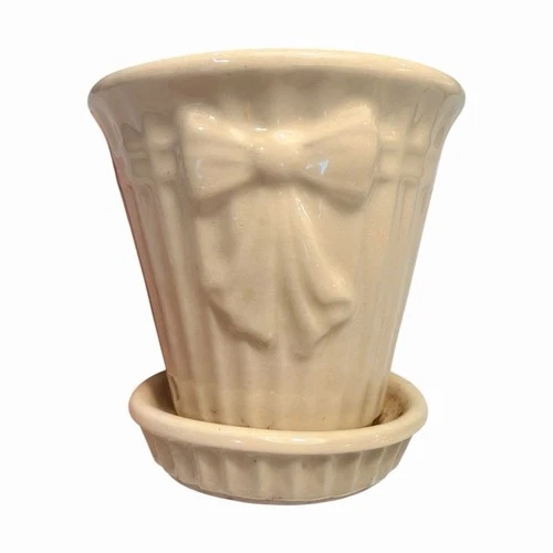 Vintage Shawnee Pottery Bow Knot Ribbon Planter w Saucer Cream USA 1940s 1950s