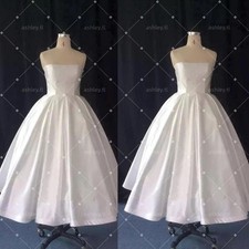 Stain Wedding Dress Tea Length Strapless Sleeveless A Line Classic Bridal Gown