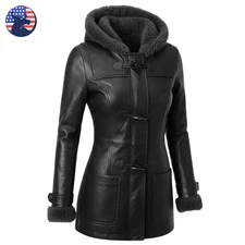 Women’s Black Real Sheepskin Leather Jacket Shearling Fur Winter Hooded Coat