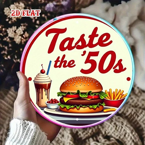 Vintage 50s Diner Food Tin Metal Signs Home Décor 8x8 Round Wall Art with Burger