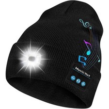 Bluetooth Beanie Hat with Light Headlamp Cap with Headphones Speaker Mic