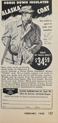1955 Print Ad Alaska Goose Down Insulated Coats Hunter Sleeping Bags Portland,OR