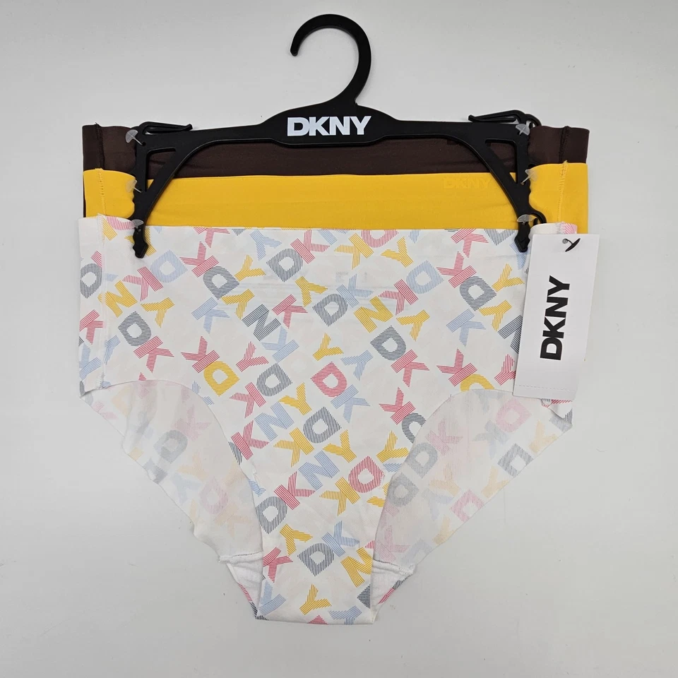 Paquete de 3 bragas hipster DKNY para mujer S M L XL con logotipo corte láser marrón amarillo blanco Foto 2 de 4