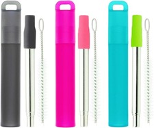 NAIVELY-Metal Reusable Straws 3 Pack Collapsible Small, Gray, red, blue 