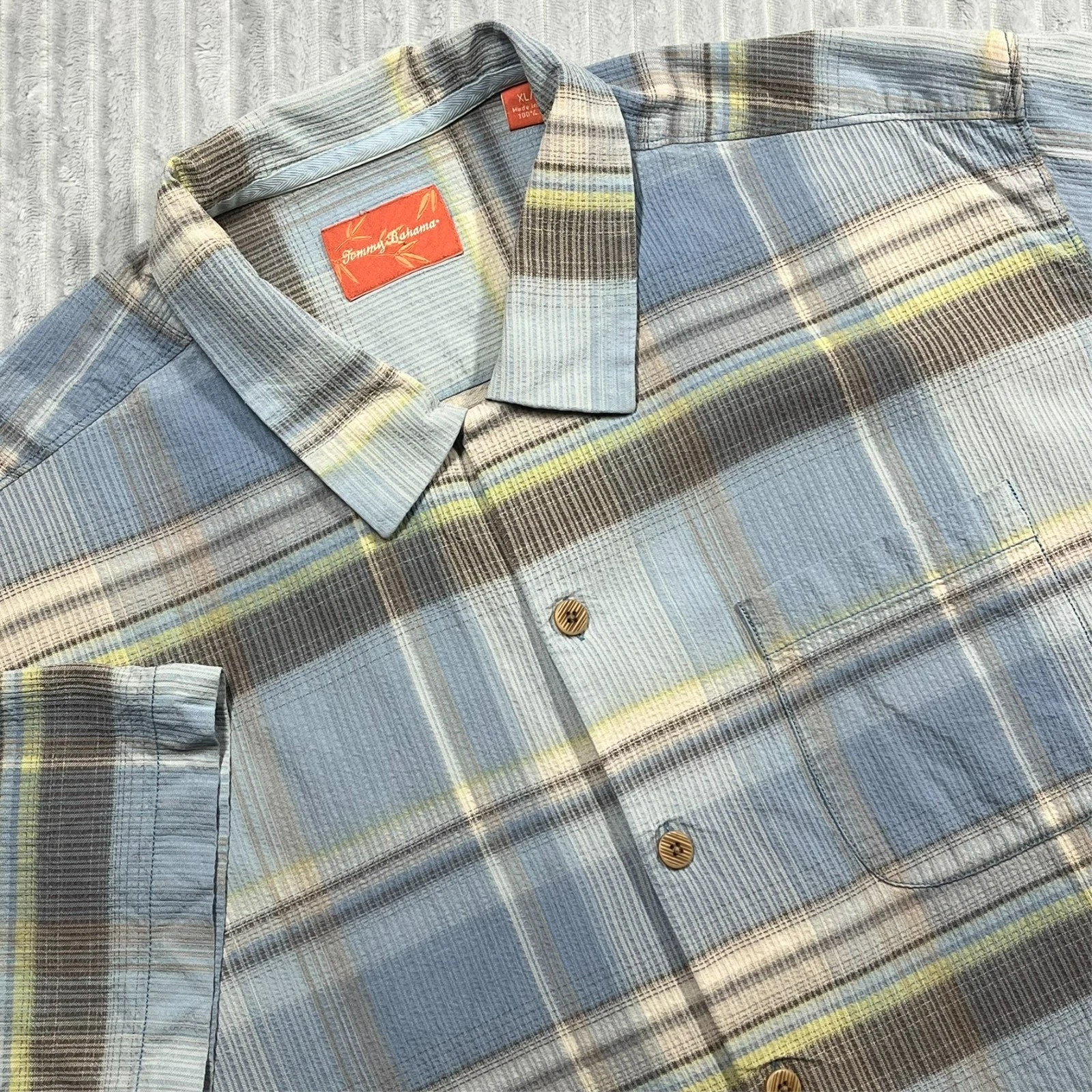 Tommy Bahama Plaid Silk Hawaiian Shirt Men's XL Blue Green Beige Beach Resort