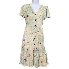 Monteau Los Angeles Midi Dress S Floral Cream Green Cottagecore Fairy Whimsical