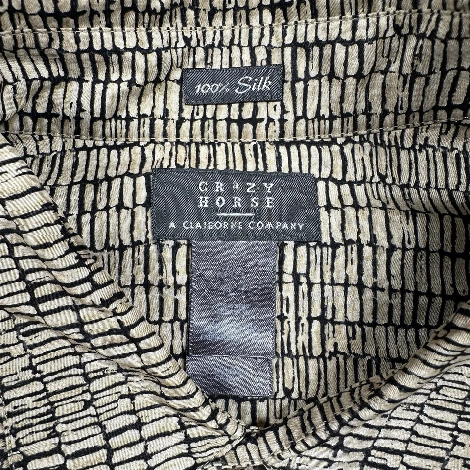 Camisa Crazy Horse Para Hombre L Beige Negro Patrón 100% Seda Geométrica Manga Corta Foto 2 de 4