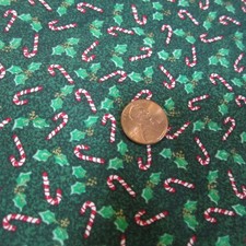 1 Yard Cotton Christmas Fabric Green W/ Holly Candy Canes Ozark Xmas Sm Print