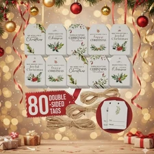 Merry Christmas Gift Tags with String - 80 Pcs Christmas Name Tags for Gifts...