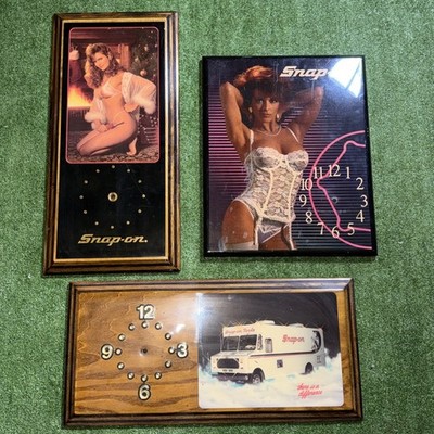 LOT OF 3 AWESOME SNAP-ON TOOLS VINTAGE WALL CLOCK PLAQUES SEXY WOMAN RACING 80S