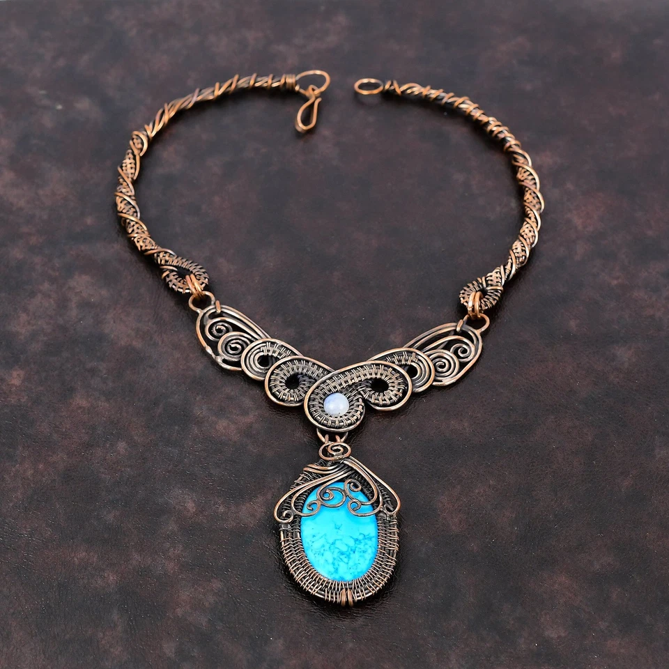 Regalo para ella Arizona Turquesa Alambre Envuelto Collar Cadena Cobre Joyería 18.0" Foto 2 de 4