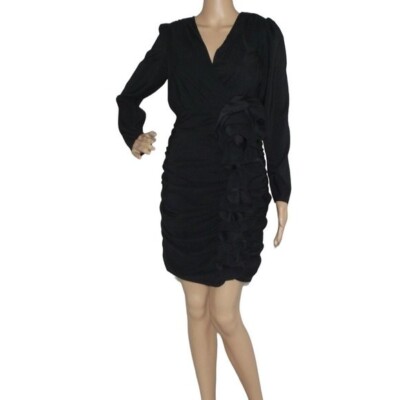 Express Dress XS Black Party V-neck Ruched Ruffle Long Sleeve Wrap fancy |  eBay