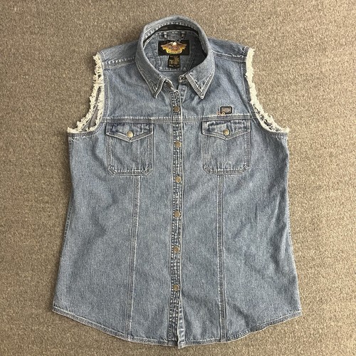 Harley Davidson Denim Weste Damen groß gestreift Druckknopf vorne Biker Klappe Tasche - Bild 11 von 11