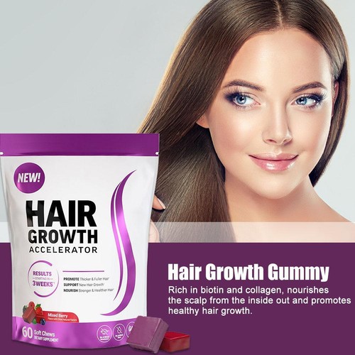 Hair Growth Gummies - Promote Thicker Fuller Hair - Mixed Berry - 60 Soft Chews - Picture 6 of 11