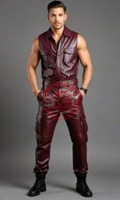 MEN'S SOFT LEATHER BURGUNDY CARGO JUMPSUIT CATSUIT OVERALL BODYSUIT SLEEVELESS