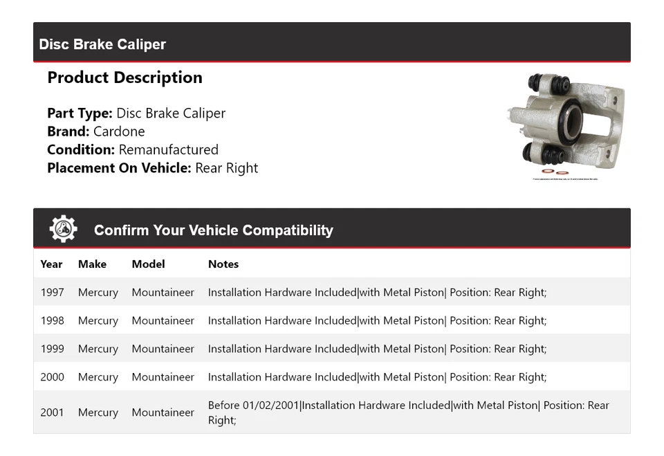Pinça de freio a disco traseira direita Cardone 1998 Mercury Mountaineer 1997-2001 - Imagem 2 de 4