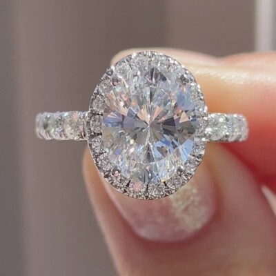 3.87 TCW Oval Cut Moissanite Halo Engagement Ring 14K White Gold Plated