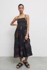 UO Simonette Embroidered Midi Dress Urban Outfitters Black Smocked Lace New XS