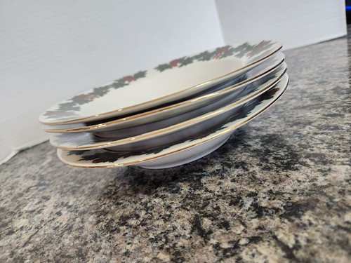 4 Libbey Holiday Tableware 8 1/2" Soup Bowls Gold Rim Holly Ribbons Set of 4 - Picture 12 of 12