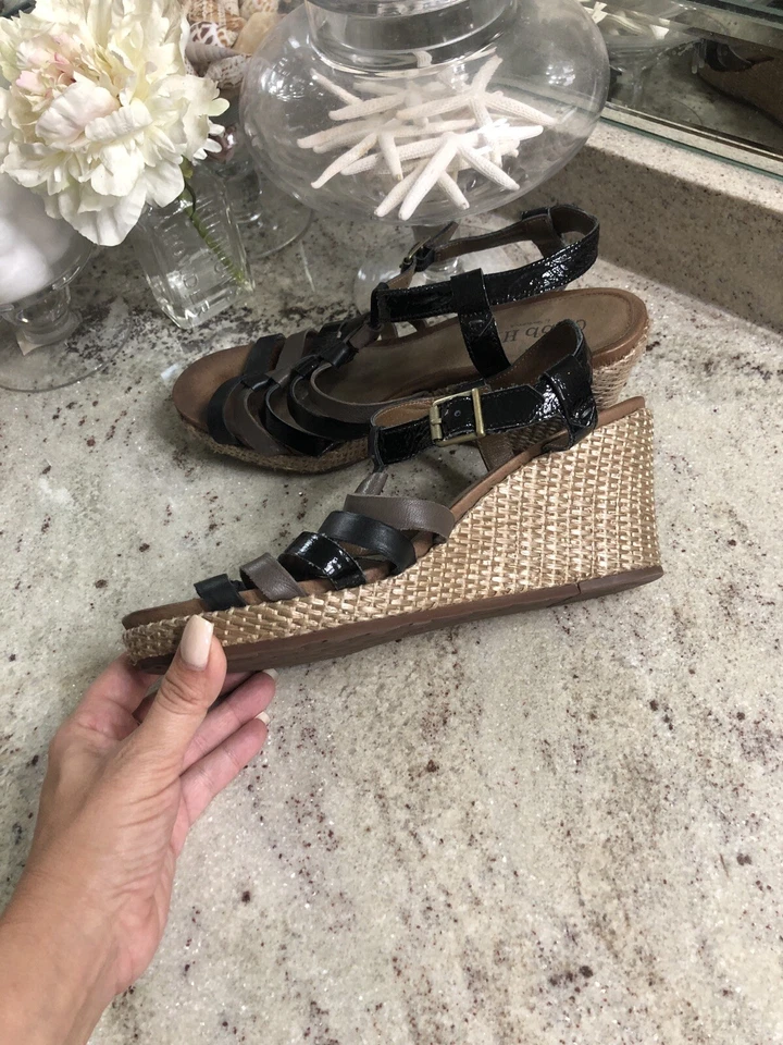 Sandalias Cobb Hill de cuero negras Gladiador correa en T cuña gris para mujer 8 W Foto 3 de 4