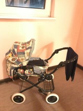 Puppenwagen, blau-weiß-blumig, 3 teilig, Griff verstellbar, 