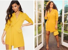 Pretty Little Things WRAP Blazer Dress Mustard Tie Detail Size L Women's NWT #C