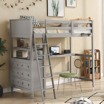 Twin Size Loft Bed with Desk & Storage Cabinet Shelves Wood Platform Bed Frames