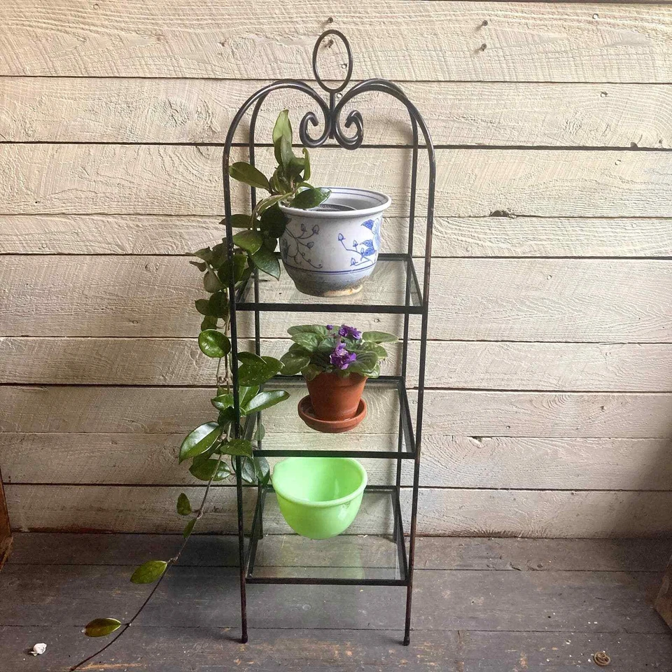 Soporte para plantas marco de metal negro 3 estantes de vidrio torre cuadrada estantes independientes Foto 3 de 4