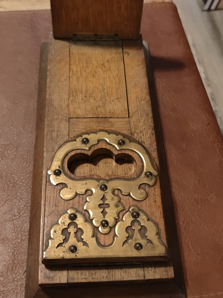 Ancien serre livre à glissière en marqueterie de laiton fleurs ciselées - 1900 - Photo 2/4