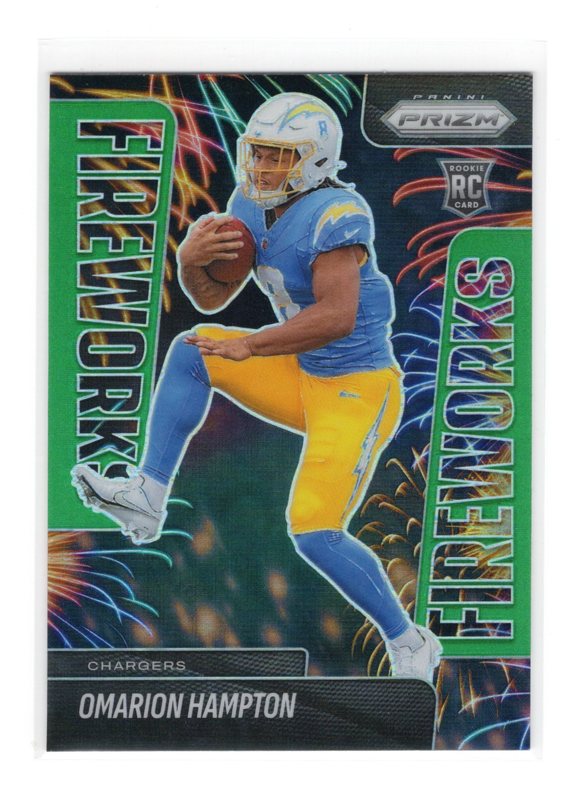 2025 Panini Prizm Omarion Hampton #17 (RC) Fireworks Green Los Angeles Chargers